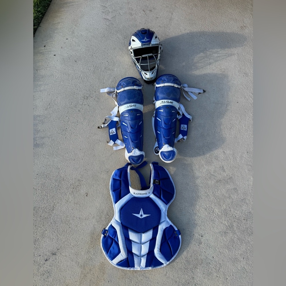 Custom color All-Star Baseball Catcher's Gear Set-Blue/White over $700 new!